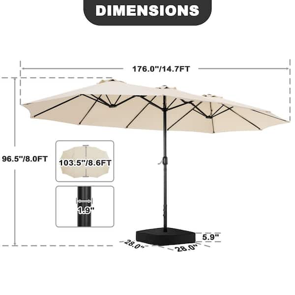 Iron 15 ft. Double-Sided Outdoor Patio Umbrella in Carbon Grey with Crank, Umbrella Base, 2-Sandbags