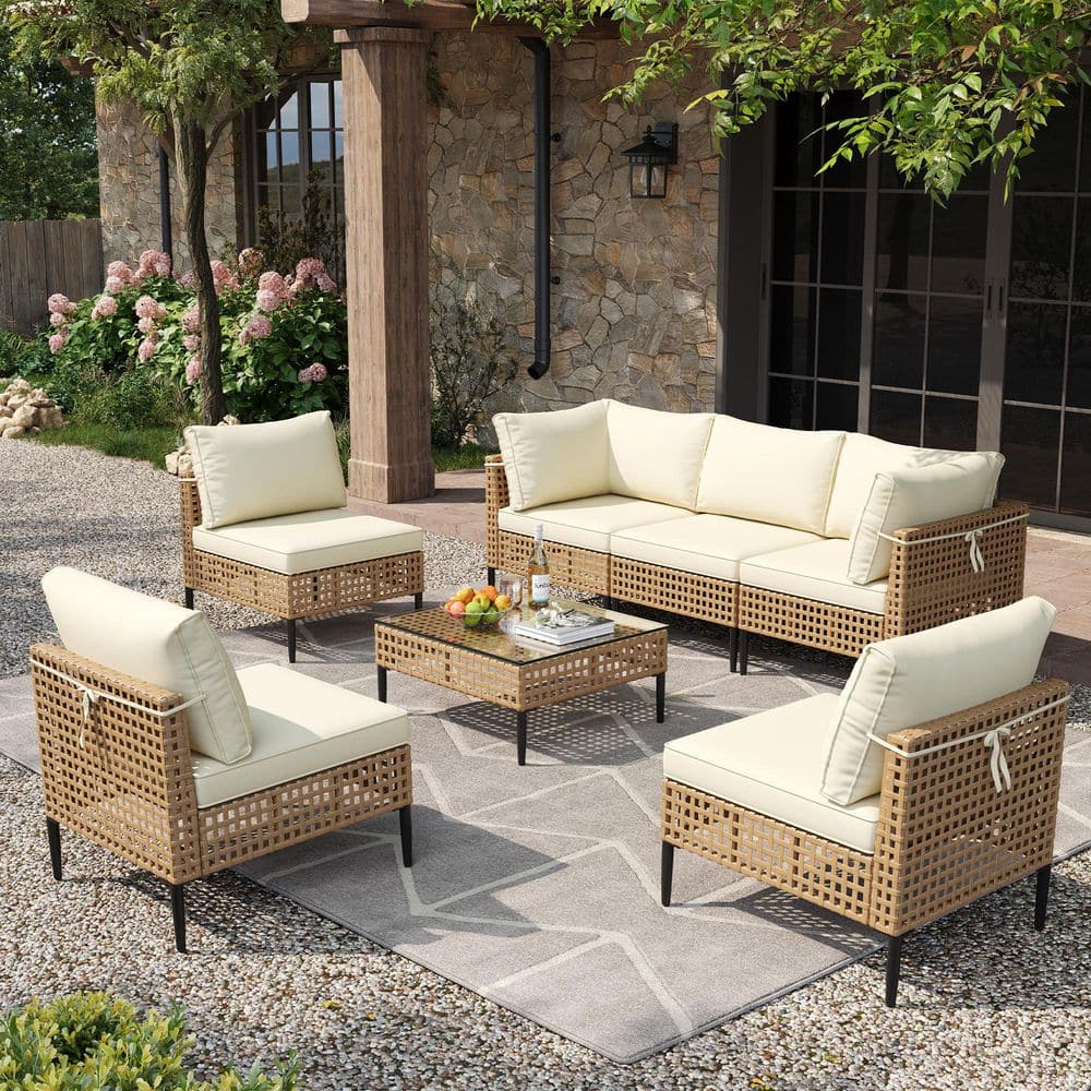 Light Brown 7-Piece Wicker Modular Patio Conversation Set with Beige Cushions price history on PriceWatchPro