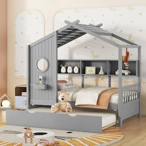 Modern Gray Wood Twin Size House Bed with Trundle, Storage Shelves and Shelf Compartment