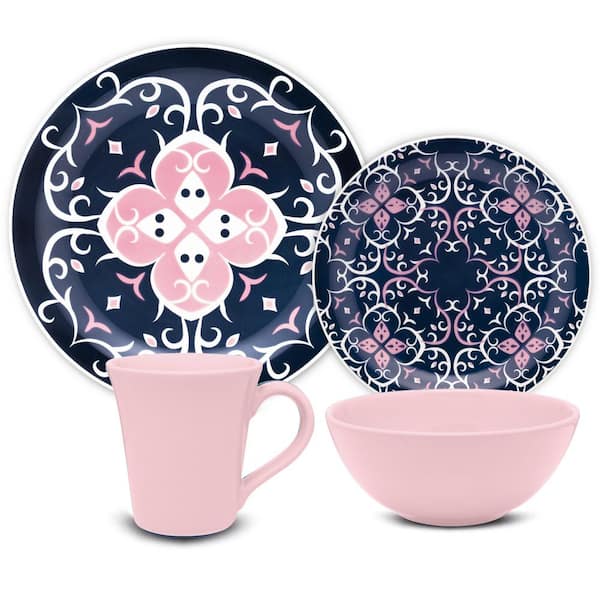 Manhattan Comfort Floreal Blue and Pink 16-Piece Casual Blue and Pink Earthenware Dinnerware Set (Service for 4)