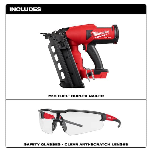 M18 FUEL 18-Volt Lithium-Ion Brushless Cordless Duplex Nailer (Tool Only) with Clear Safety Glasses Anti-Scratch Lenses