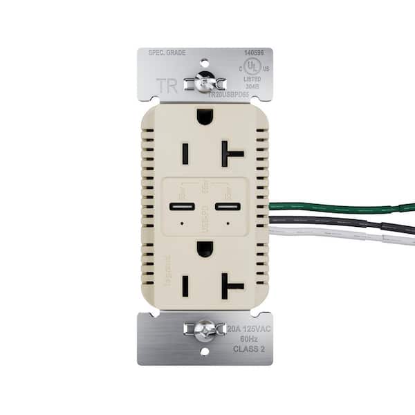 20A Tamper Resistant 65W Commercial Grade Power Delivery USB Type C Duplex Outlet Ivory