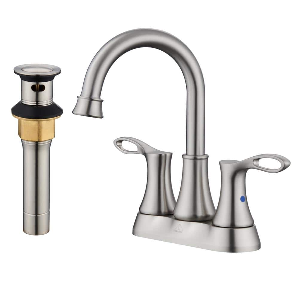 Brushed Nickel Dual Handle High Arc Bathroom Faucet with Metal Drain