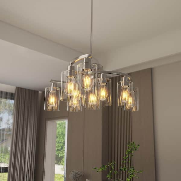 30 in. 9-Light Brushed Nickel Modern Chandelier with Clear Glass Shades