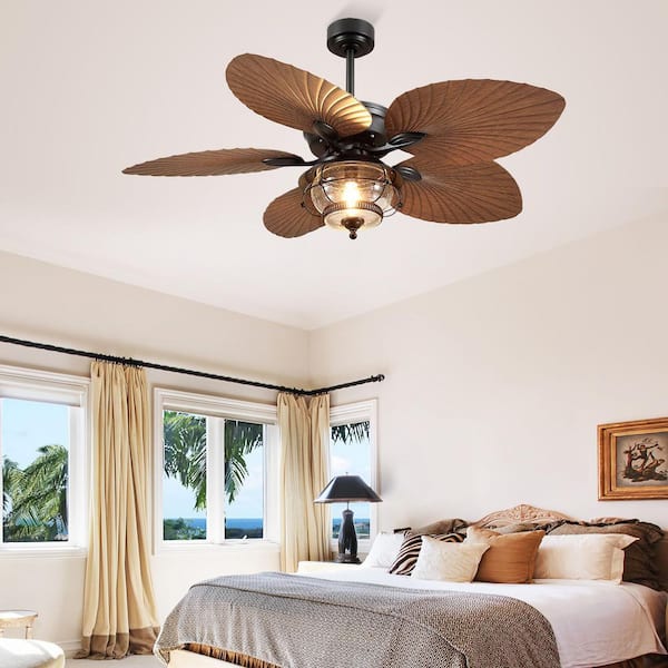 52 in. Indoor/Outdoor Downrod Brown 5 Palm Leaf Ceiling Fan with Light and Remote Wet Rated for Patios