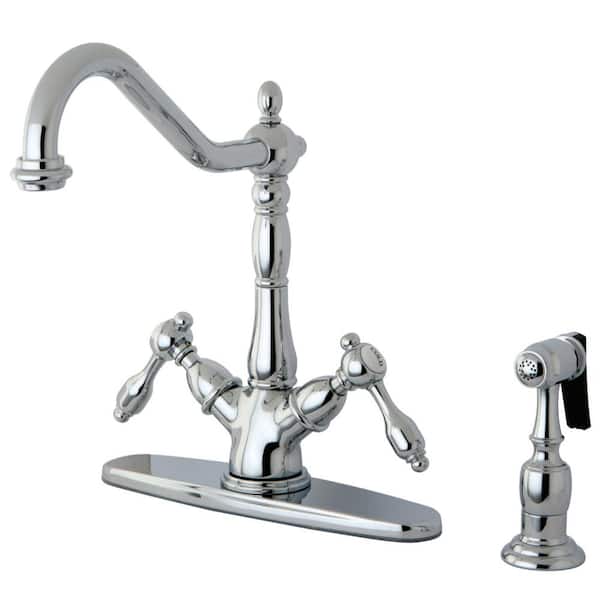 Kingston Brass Tudor 2-Handle Standard Kitchen Faucet with Side Sprayer in Polished Chrome