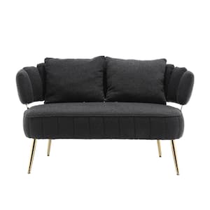 Modern Upholstered Black Boucle Fabric 2-Seater Loveseat with Metal Legs and Pillows