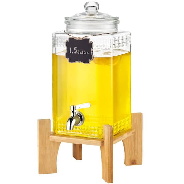 Beverage Dispenser, 1,5 gal. Drink Dispensers for Parties,2-Piece, Glass Juice Dispenser w/ Stand,Stainless Steel Spigot