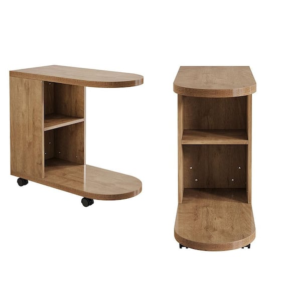 Calvin 27.56" Brown C-Shaped Over Couch Tray Wood Sofa Side End Table Set of 2 Mobile Nightstand 2 tier Shleves 2-piece
