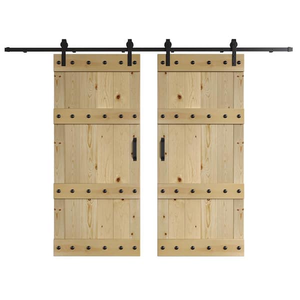 COAST SEQUOIA INC Castle Series 72 in. x 84 in. Unfinished DIY Knotty Wood Double Sliding Barn Door with Hardware Kit