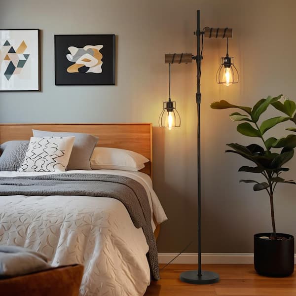 TOZING 65 in. Black Wood Retro 2-Light Standard Tree Floor