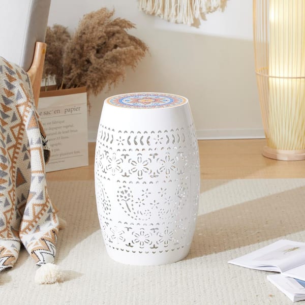 White Metal Ceramic Outdoor Side Table, Patio Mosaic 10 in. Round