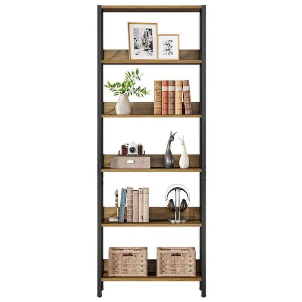 Eulas 70.87 in. Tall Brown Wood 6-Shelf Bookcase with Unique Petal-Patterned Designs