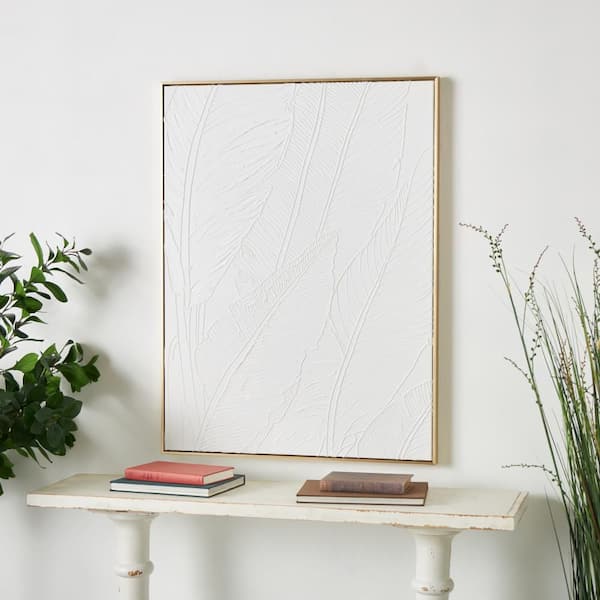 1-Panel Leaf Textured Framed Wall Art Print with Gold Frame 40 in. x 30 in.