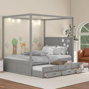 Gray Wood Frame Queen Size Platform Bed with Twin Size Trundle and Three Storage Drawers