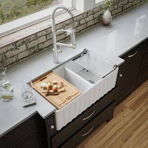 33" White Double Bowl Workstation Fireclay Kitchen Sink with Reversible Fluted Apron Front