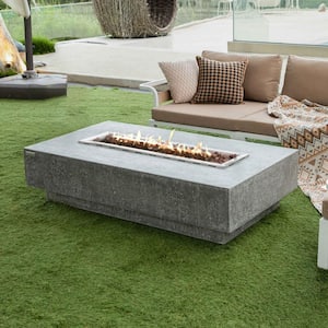 Hampton Outdoor Fire Pit 56 in. x 32 in. Rectangular Concrete Natural Gas Fire Table with Lava Rocks and Cover
