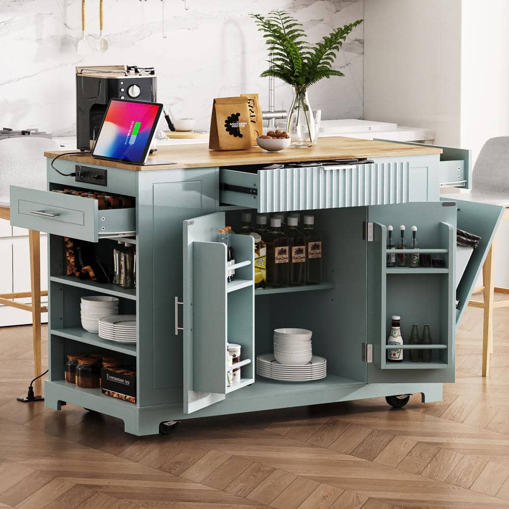 Gray Blue Wood 48.5 in. Rolling Kitchen Island with Power Outlet, 3 Drawers, 5 Wheels, Trash Can Storage price history on PriceWatchPro