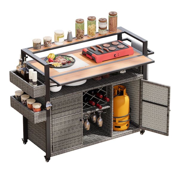 52.8 in. W Wicker Rattan Movable Outdoor Kitchen Cabinet Island Grill Cart in Grey with Extended Plastic Wood Table Top
