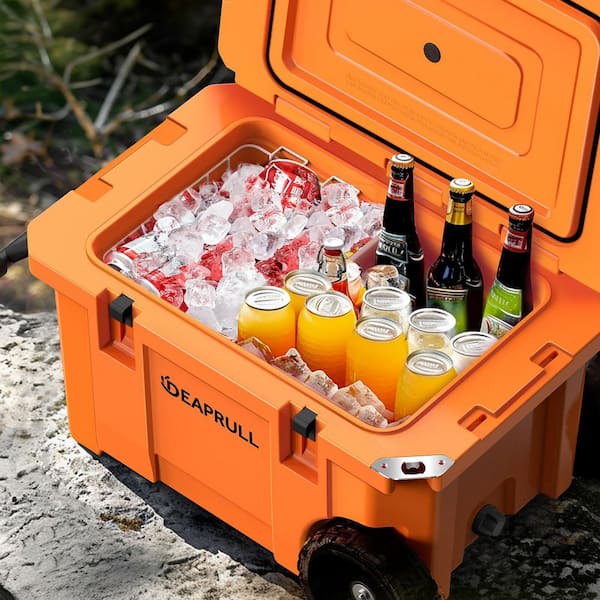 Orange 55 qt. Portable Chest Cooler, Leak-Proof Outdoor Insulated Cooler with Handle and Wheels for Camping, Beach, Boat