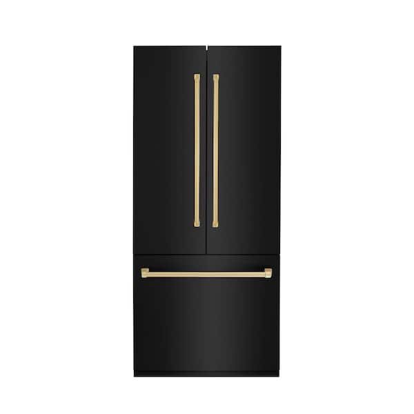 ZLINE Kitchen and Bath Autograph Edition 36 in. 3-Door French Door Refrigerator w/ Ice & Water Dispenser in Black Stainless & Polished Gold
