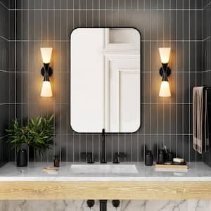Angelina 18.8 in. 2-Light Black Metal Up and Down Linear Horn Bathroom Vanity Light Sconce with Frosted Opal Glass Shade
