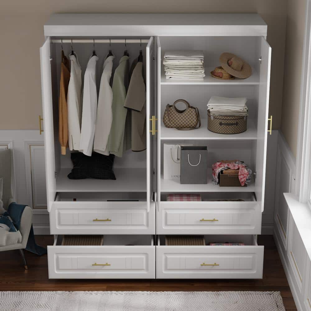 White Wood 63 in. W 4-Door Big Wardrobe Armoires with Hanging Rod, Drawers, Storage Shelves 74.2 in. H x 20.6 in. D - thumbnail 5