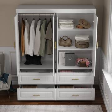 White Wood 63 in. W 4-Door Big Wardrobe Armoires with Hanging Rod, Drawers, Storage Shelves 74.2 in. H x 20.6 in. D