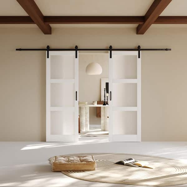 60 in. x 84 in. 3-Lite Tempered Frosted Glass White MDF Finished Double Sliding Barn Door Slab with Hardware