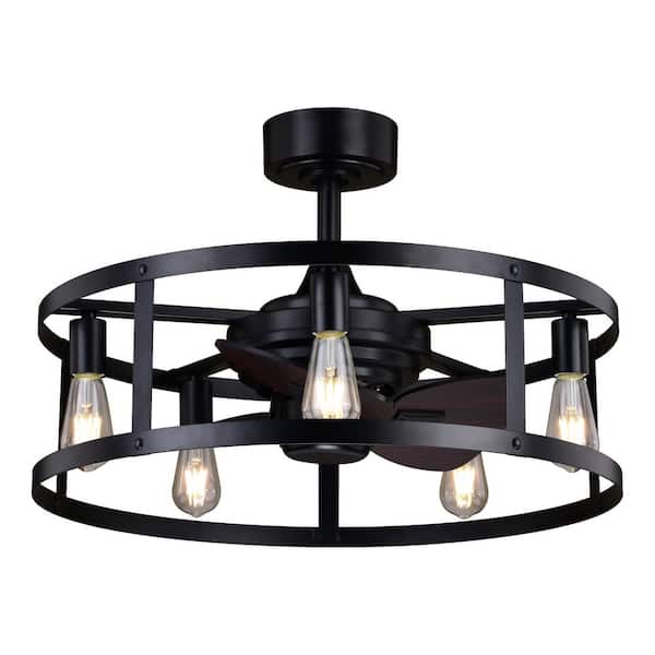 VAXCEL Akron 25 in. Indoor/Outdoor Black Farmhouse Drum Cage Chandelier Ceiling Fan with LED Light Kit and Remote