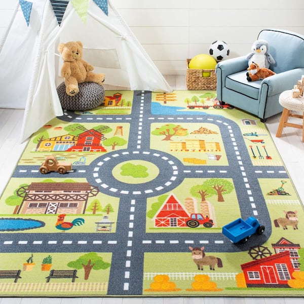 Kids Playhouse Light Green/Dark Gray 7 ft. x 9 ft. Machine Washable Novelty Area Rug