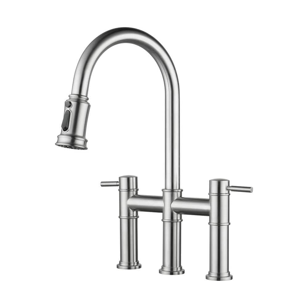 Brushed Nickel Double Handle Bridge Kitchen Faucet with Pull Down Sprayer
