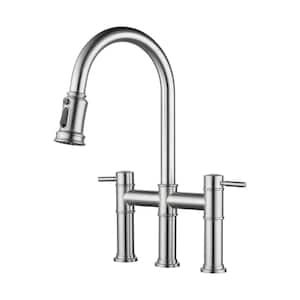 3 Holes Double Handle Bridge Kitchen Faucet with Pull Down Sprayer and Supply Lines in Brushed Nickel