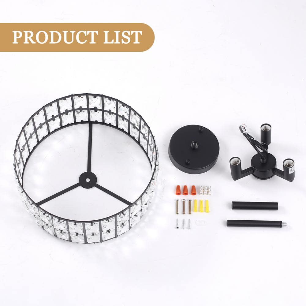 Black Metal and Crystal Drum Semi-Flush Mount Ceiling Light