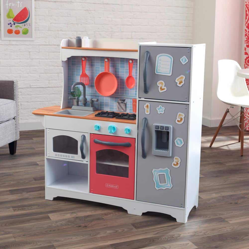 KidKraft Mosaic Magnetic Play Kitchen with Ice Maker and 9-Piece Accessory Play Set-Coral