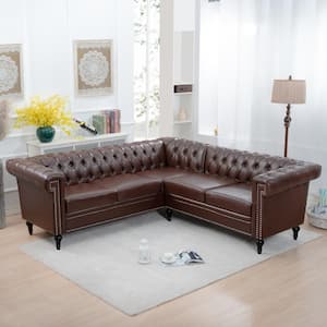 84.65 in W 2-piece L-Shaped Faux Leather Modern Tufted Sectional Sofa in Dark Brown