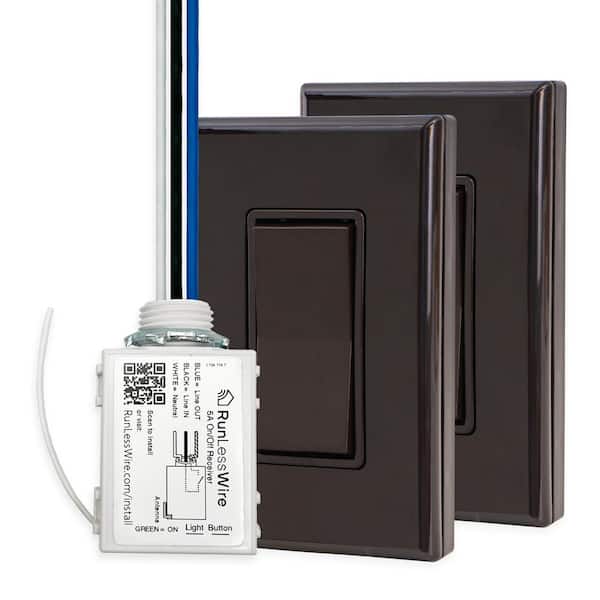 3-Way Battery-Free Wireless Light Switch Kit, 2-Remote Switches Control 1 On/Off 5amp Receiver - Brown