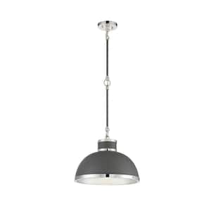 Corning 16 in. W x 11 in. H 1-Light Gray with Polished Nickel Accents Shaded Pendant Light with Metal Dome Shade
