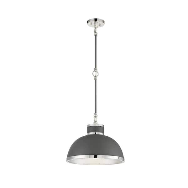 Savoy House Corning 16 in. W x 11 in. H 1-Light Gray with Polished Nickel Accents Shaded Pendant Light with Metal Dome Shade