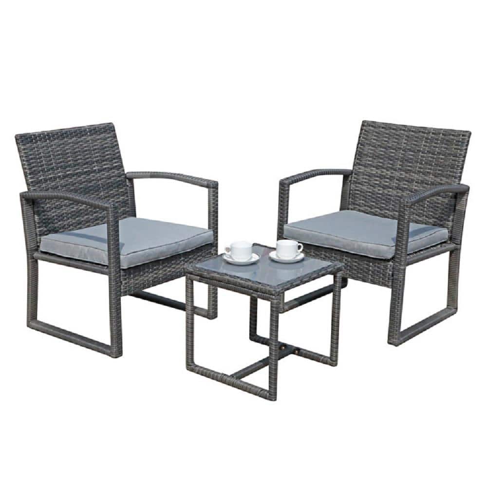 3-Piece Wicker Outdoor Patio Bistro Set with Light Gray Cushion