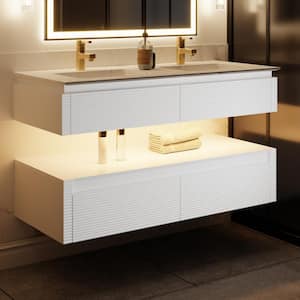 MarbleLux 60 in. W x 20.8 in. D x 21.2 in. H Wall Mounted 2-Tier Bath Vanity with 2-Sinks in White with Marble Top