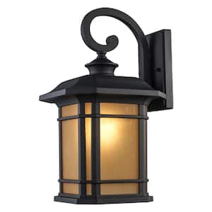 San Miguel 16.5 in. 1-Light Black Outdoor Wall Light Fixture with Tea Stained Glass