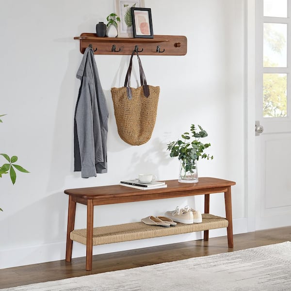 Calais Collection 48 in. Entryway Bench and Coat Rack, Solid Acacia Wood Mid-Century Entryway Furniture, Warm Chestnut