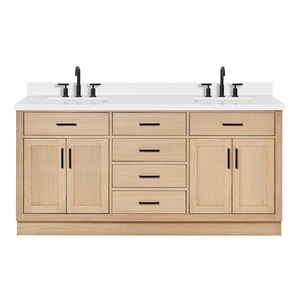 Hepburn 72 in. Double Sink Freestanding Bathroom Vanity in Oak with Pure White Quartz Top