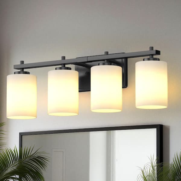 YANSUN 24 in. 4-Light Frosted Glass Vanity Light with Black Iron Frame for Bathroom