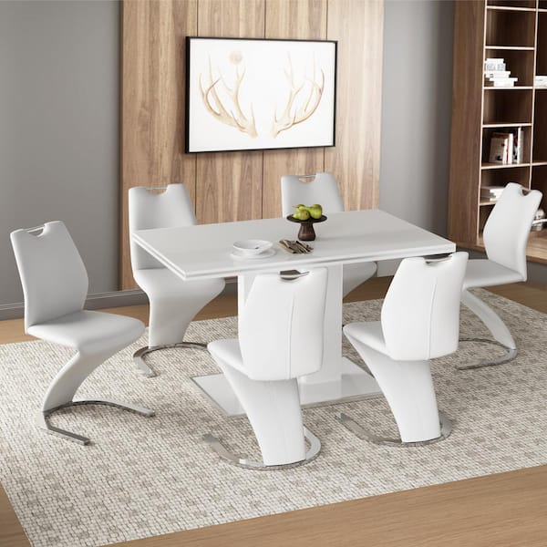GOJANE 7-Piece White Dining Table Set 59 in. Rectangle Table and 6 White Chairs