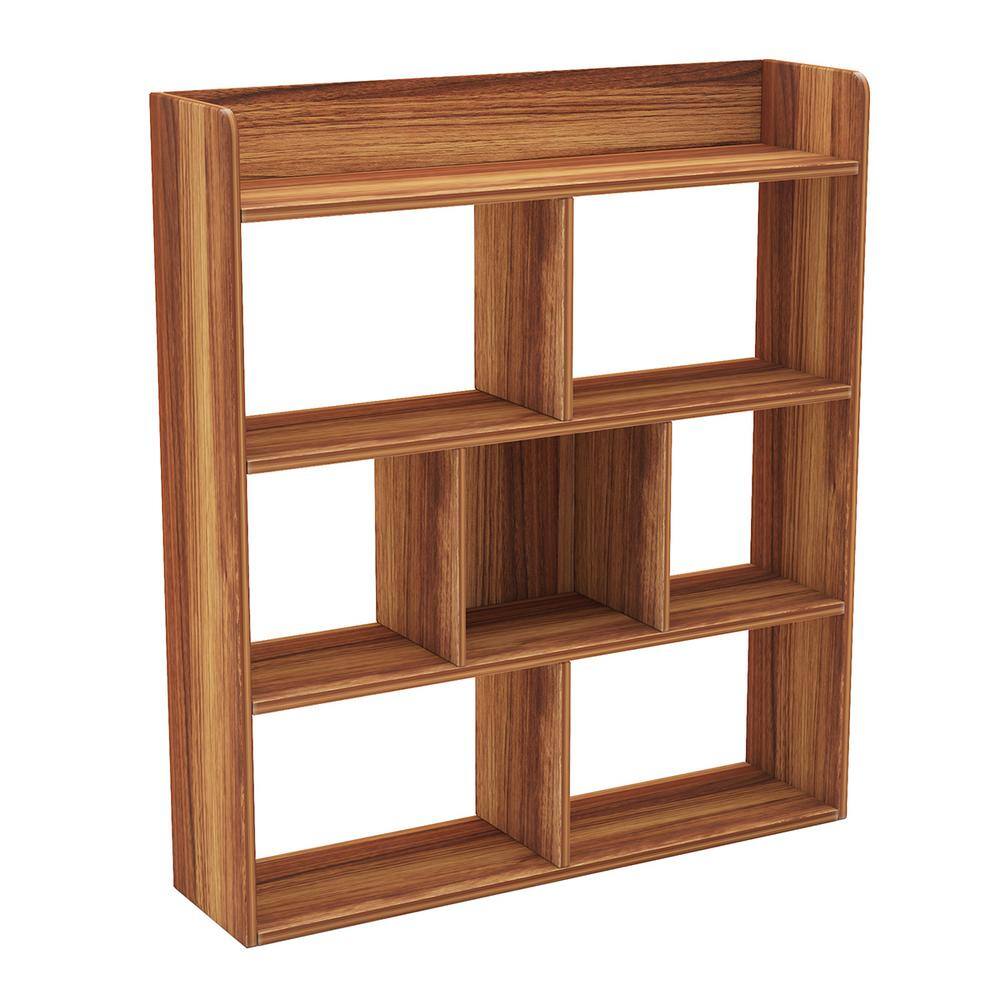 Hoffree 35.4 in. Walnut Wood 4Shelf Standard Bookcase.Storage Organizer with 7 Divided Cubes