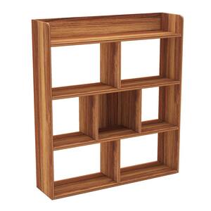 35.4 in. Walnut Wood 4-Shelf Standard Bookcase.Storage Organizer with 7 Divided Cubes with Open Back