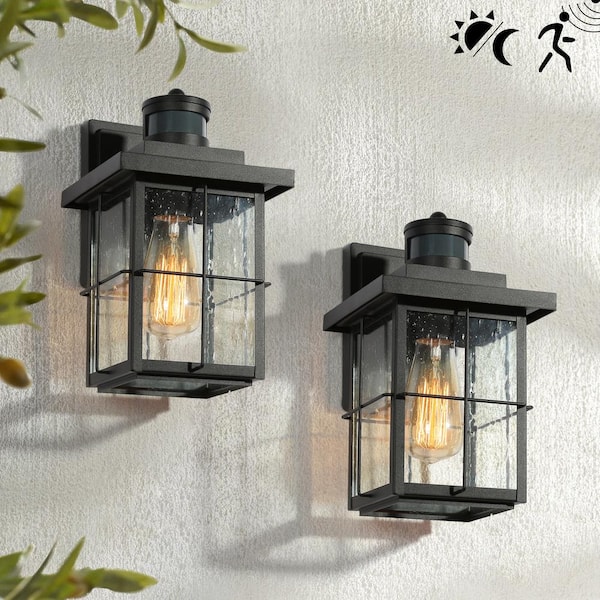 LNC Modern Black Motion Sensing Outdoor Sconce with Seeded Glass Shade, Farmhouse 1-Light Front Door Wall Lantern (2-Pack)