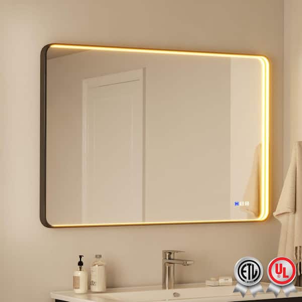 waterpar Frame Light 48 in. W x 32 in. H Rectangular Aluminum Framed Anti-Fog LED Wall Bathroom Vanity Mirror in Black